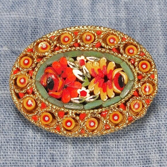 1950s Vintage Italian Oval Pin with Flower Micro-Mosaic - Picture 1 of 3